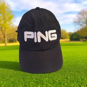 Ping Golf Hat Cap Polyester Black Embroidered Logo Adjustable Strap Lightweight